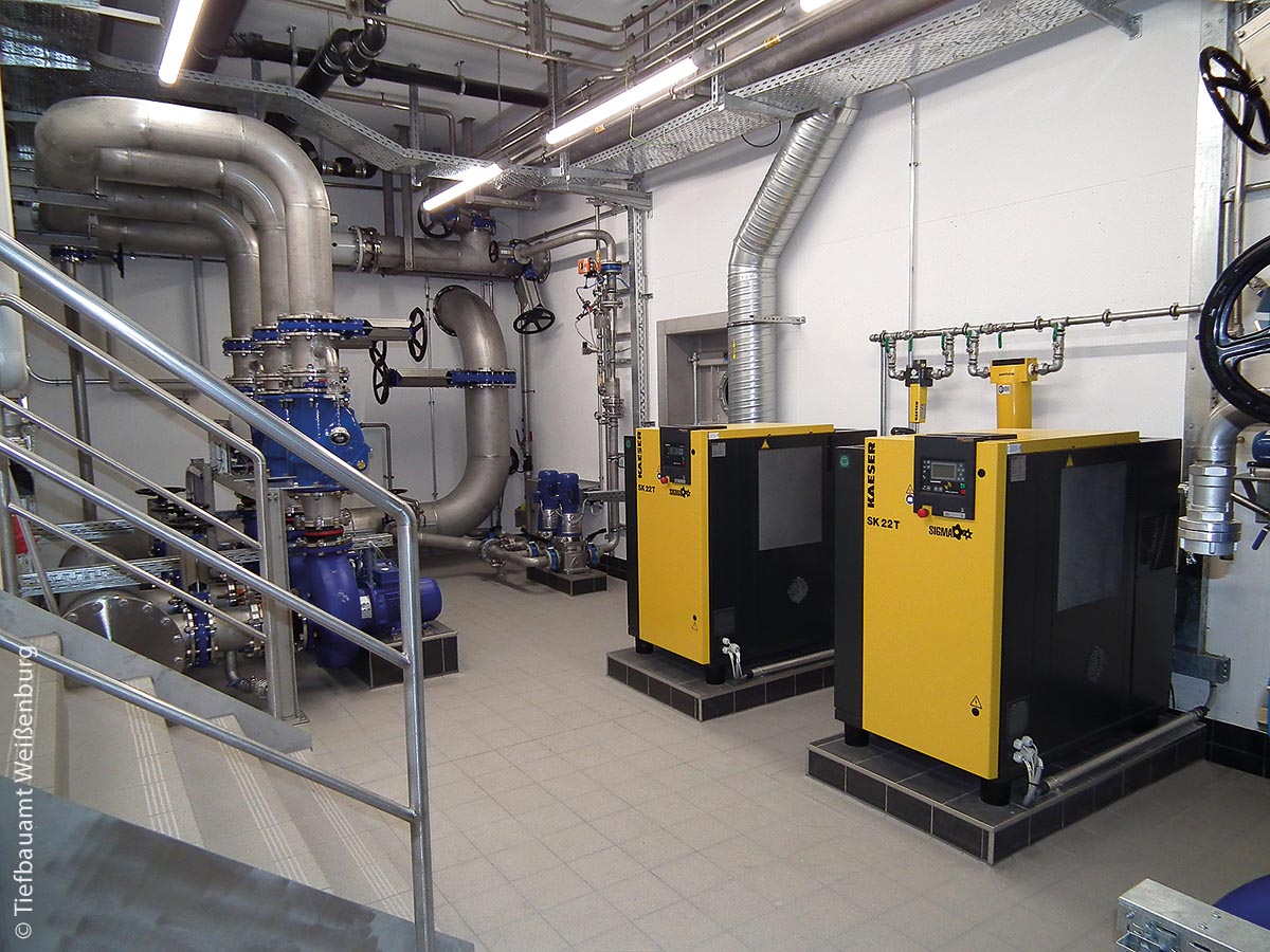 Maschinenkeller mit Zulaufpumpen (blau) und Eintragungssystem, Zugang Ozonreaktor und Kompressoren der Filteranlage