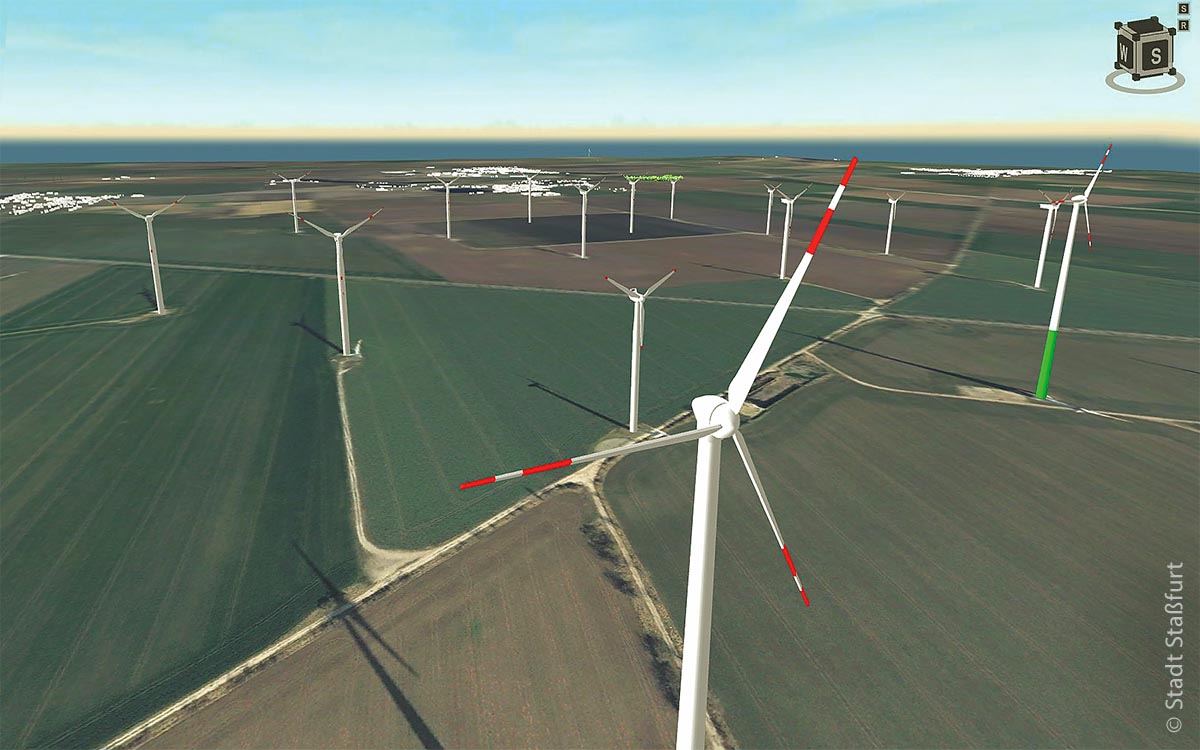 Visualisierung des Bestand-Windparks, der im Zuge des Projekts um sieben Windräder erweitert werden soll. Diese neuen Windräder erzeugen dann unter anderem die Energie für die Elektrolyse – also die Wasserstoffproduktion.