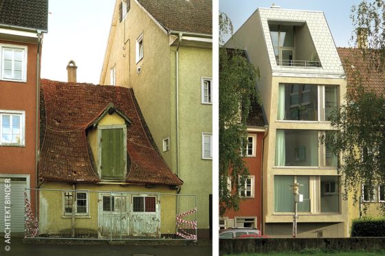 Das neue Gebäude „die Spalte“ nutzt die kleine Grundfläche optimal: Bis ins Jahr 2015 stand dort noch das kleinste Gebäude der Stadt Tuttlingen (links).