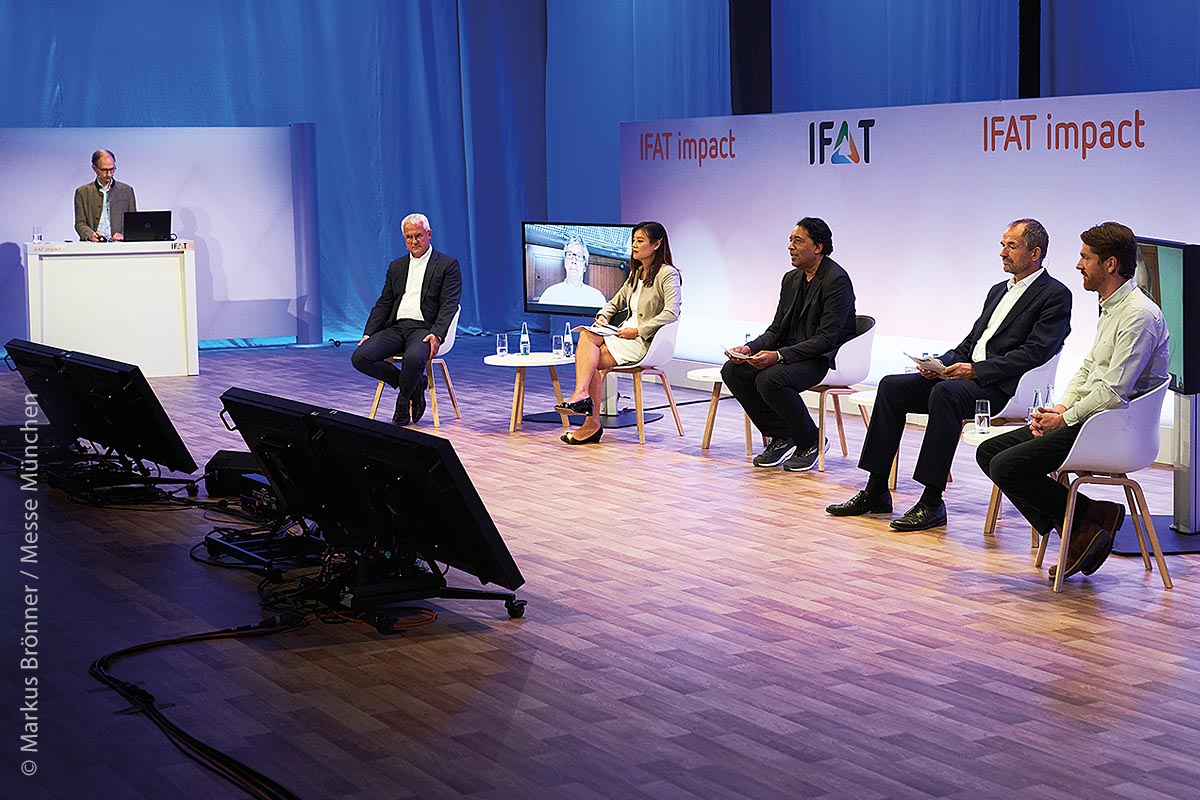 Auch lief die IFAT impact Panel Discussion 2020 weitestgehend virtuell ab, trotz vereinzelter Studiogäste. Die meisten Teilnehmer waren dann online zugeschaltet.
