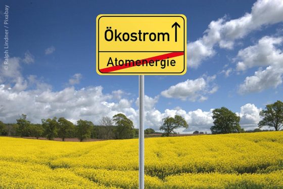 Gelbes Schild in Landschaft mit der Aufschrift "Ökostrom"