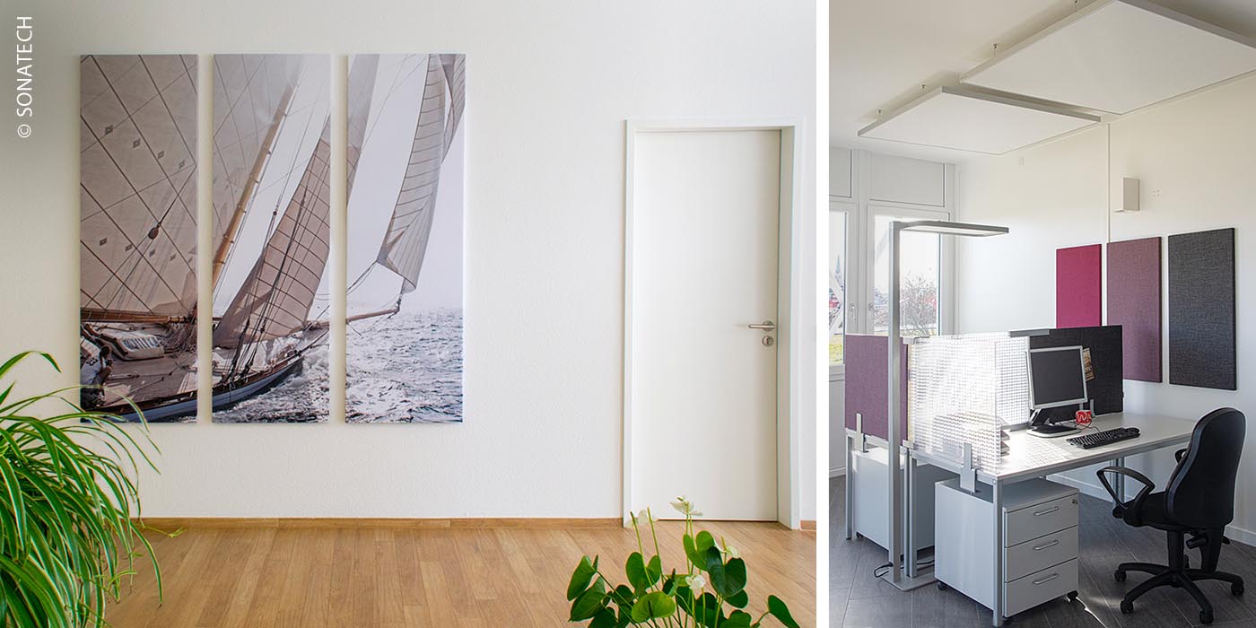 Links: Akustikbilder von ConceptLine können mit eigenen Motiven bedruckt werden und verschönern so zusätzlich sonst hellhörige Räume. Rechts: QuietLine-Deckensegel in Kombination mit ConceptLine-Wandelementen und -Tischabtrennungen sorgen für mehr Ruhe im Büro.