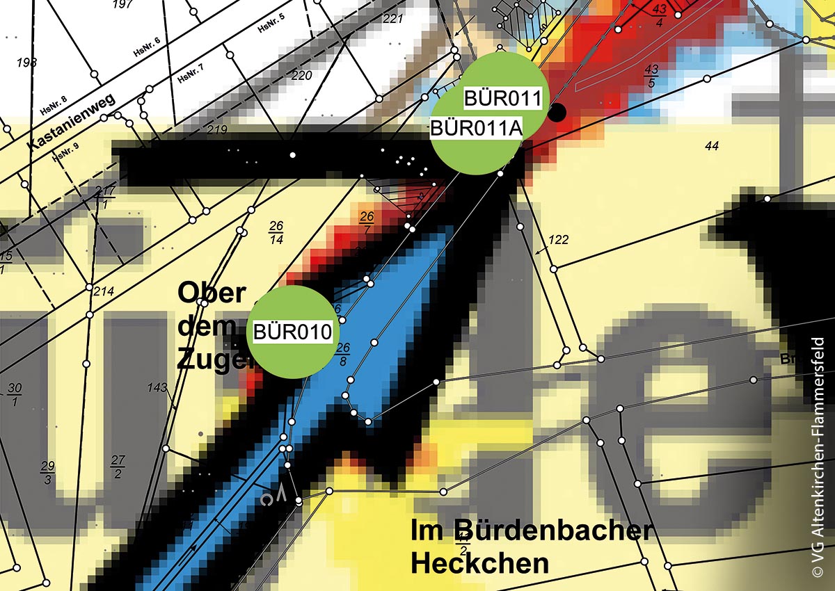 Der virtuelle Kartenausschnitt zeigt die Gemeinde Bürdenbach: Grün eingefärbt sind jene drei Bereiche, wo die Hochwasserschutzmaßnahmen bereits abgeschlossen sind.