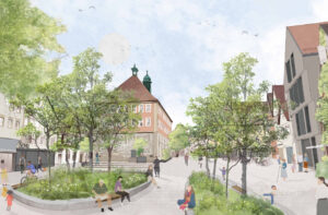Skizze: Unterer Marktplatz nach Umgestaltung. Platzaufwertung durch Entsiegelung und Begrünung, wodurch die Aufenthaltsqualität gesteigert und die Ziele der Klimawandelanpassung umgesetzt werden.