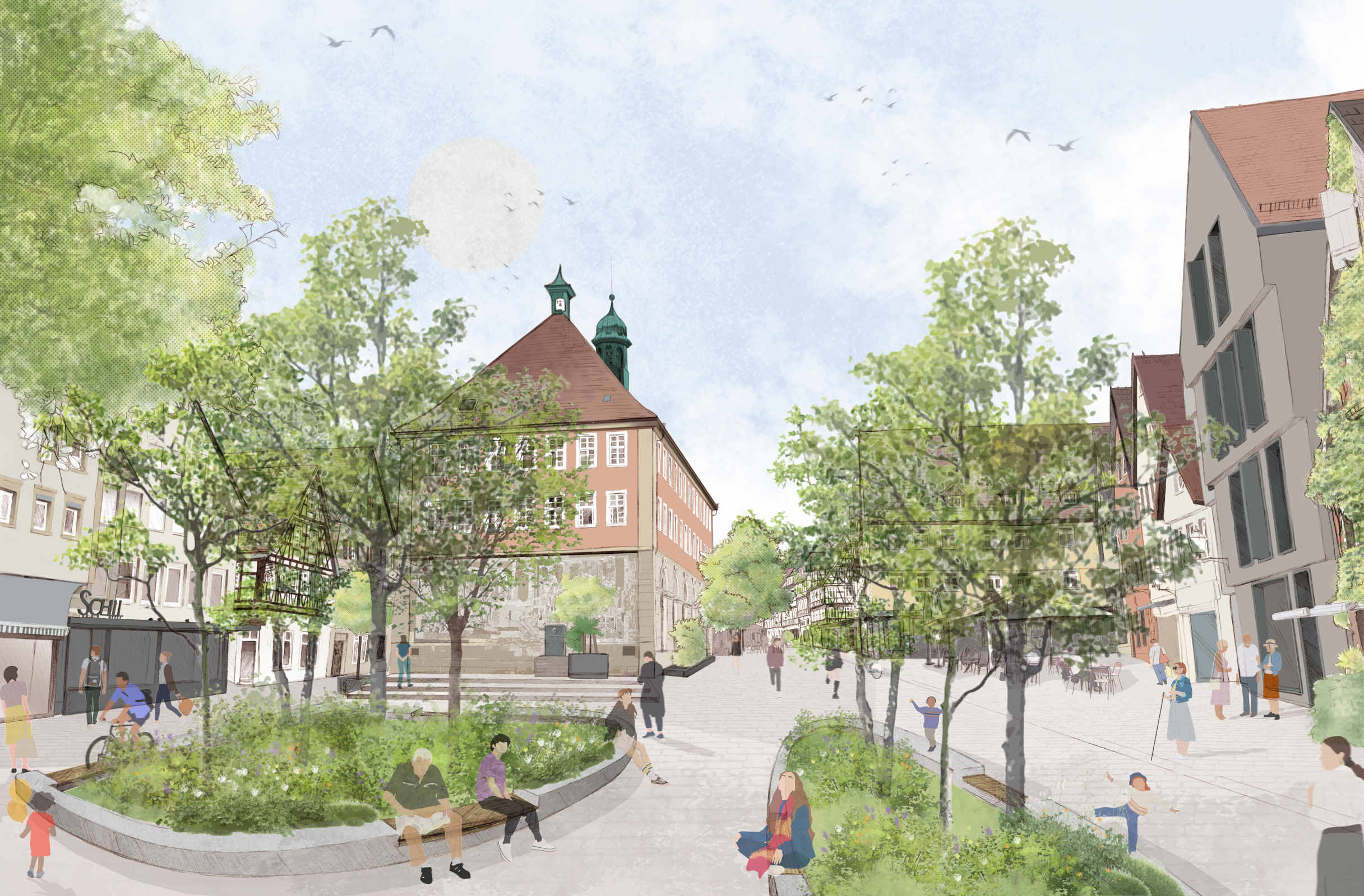 Skizze: Unterer Marktplatz nach Umgestaltung. Platzaufwertung durch Entsiegelung und Begrünung, wodurch die Aufenthaltsqualität gesteigert und die Ziele der Klimawandelanpassung umgesetzt werden.