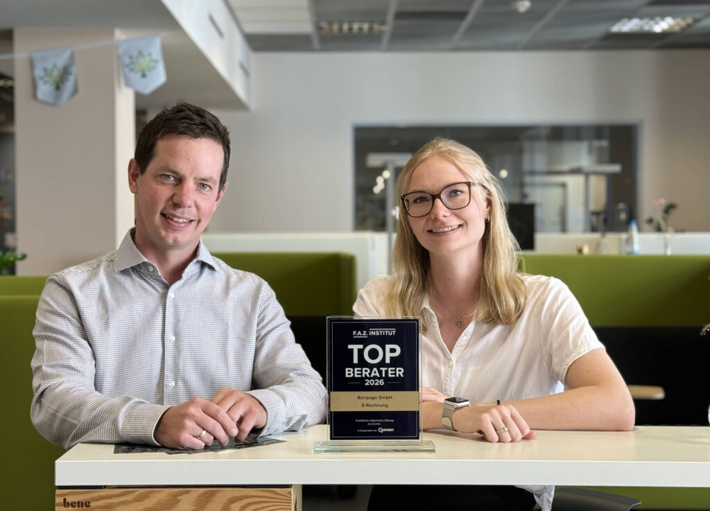 Die Experten: Dr. Steffen Zabler (Leiter des Kompetenzcenters E-Rechnung) und Annika Leipold (Mitarbeiterin des Kompetenzcenters Change Management) der Bonpago.